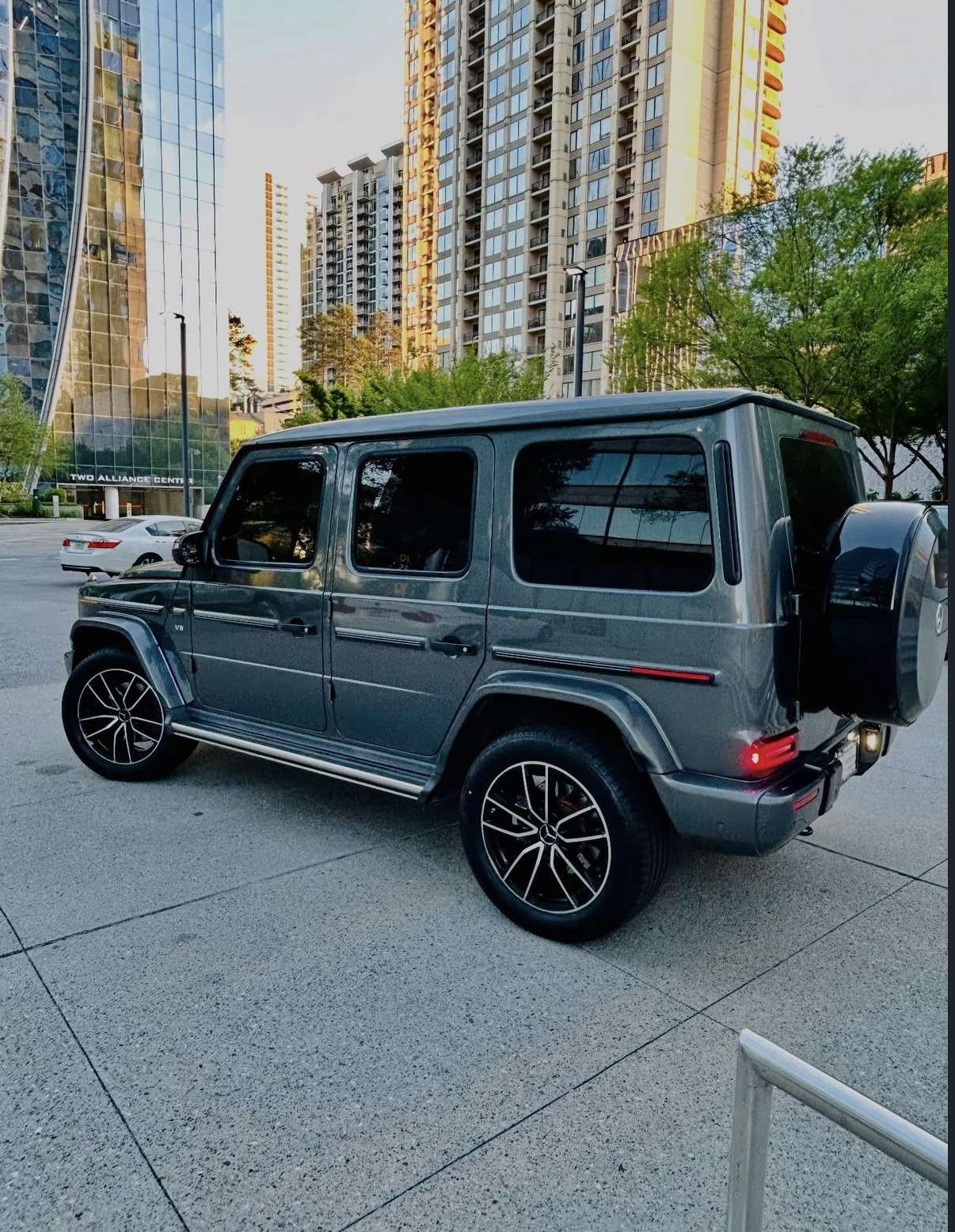 Grey Mercedes G63 on an Atlanta street, rear three quarter
