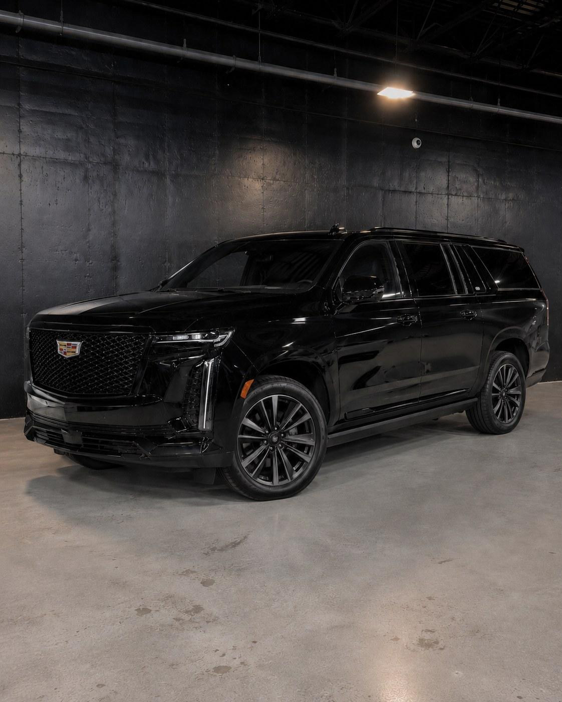 Black Cadillac Escalade ESV with a gloss black grille, front three quarter in a dark studio