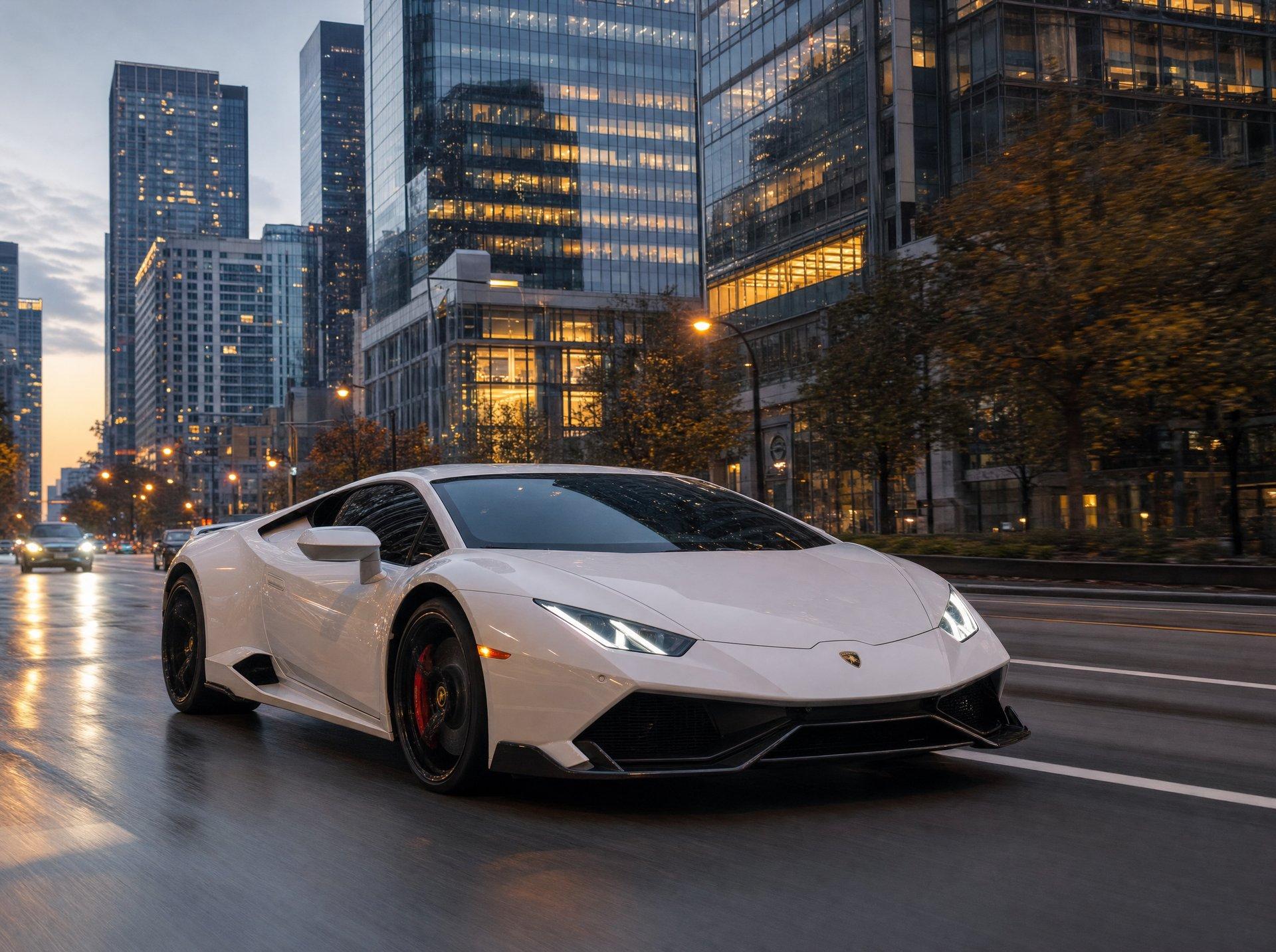 Lamborghini Huracan driving through Midtown Atlanta at dusk