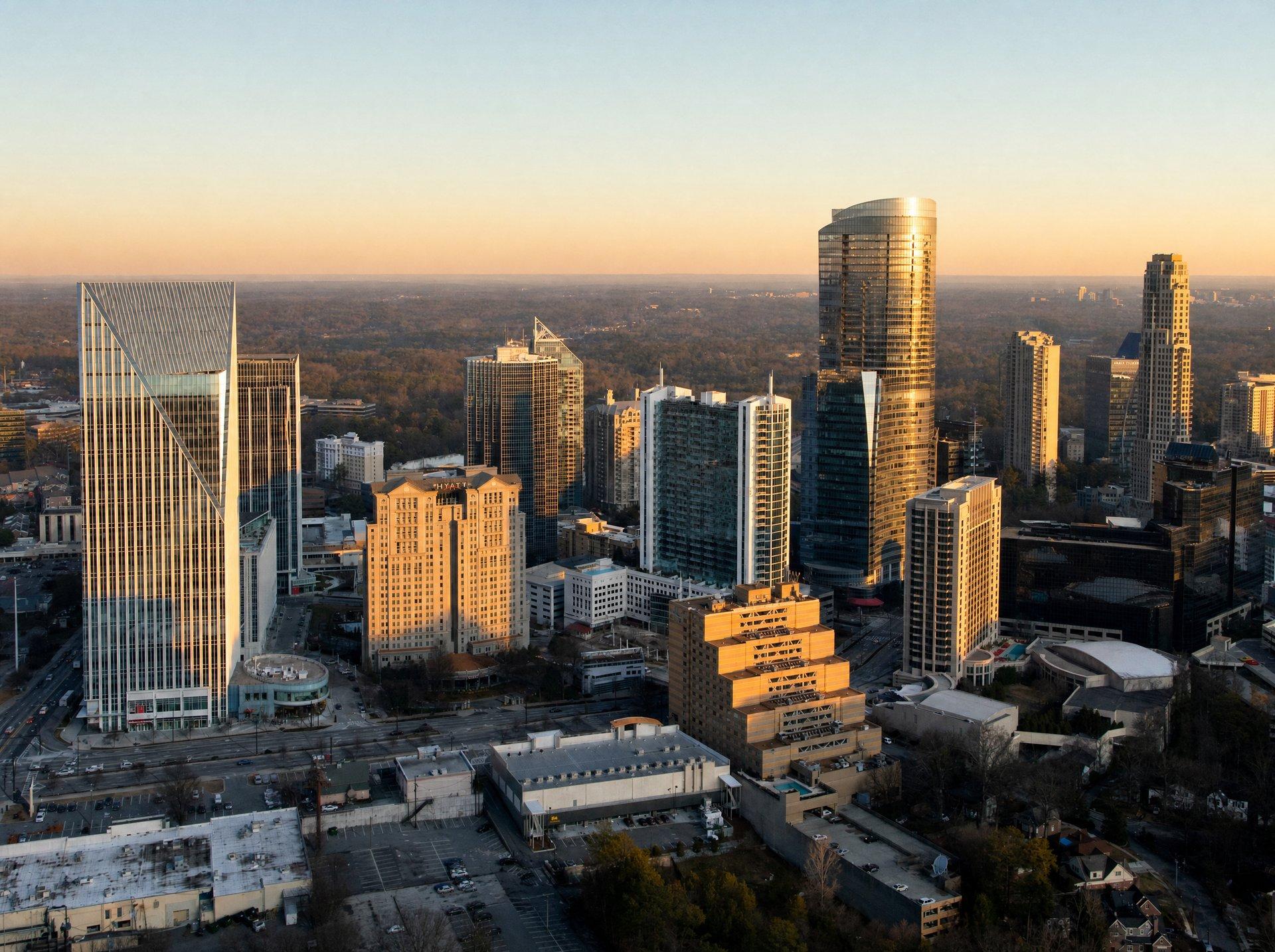 Aerial view of Buckhead, Atlanta, towers along Peachtree Road at golden hour