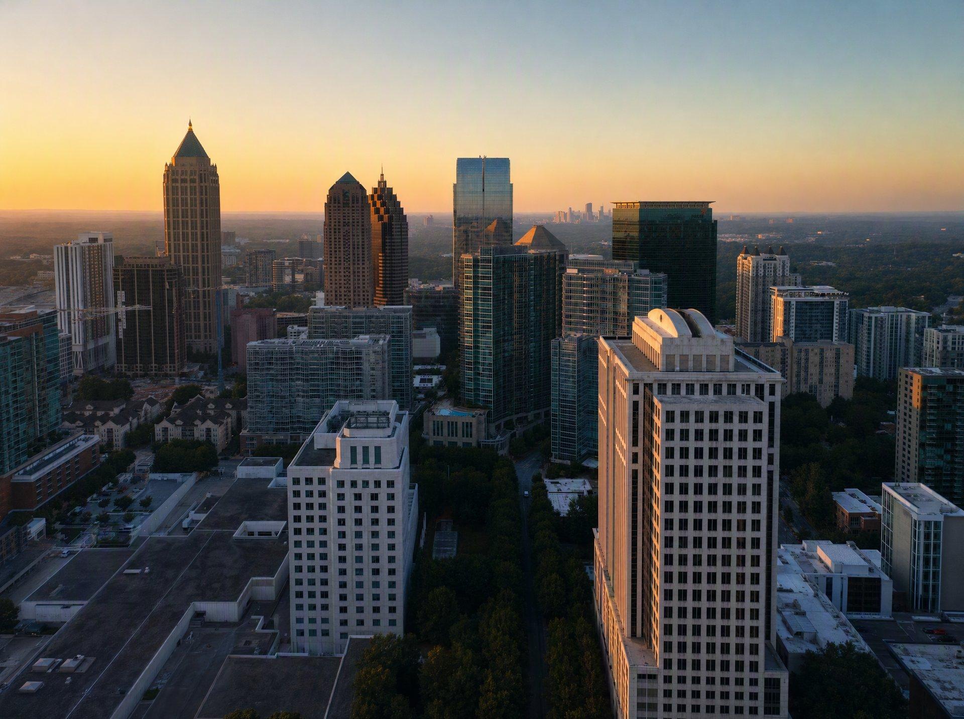 Aerial view of the Midtown Atlanta skyline at golden hour