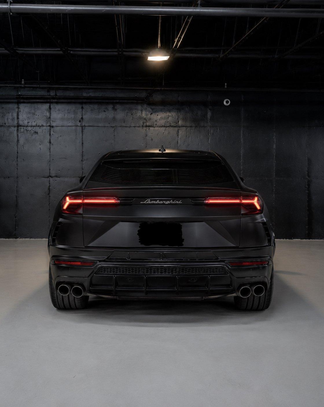 Matte black Lamborghini Urus S, straight rear view with the full width light bar