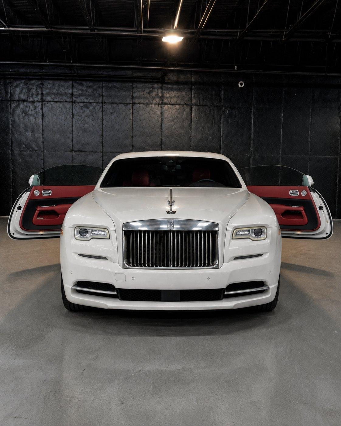 White Rolls-Royce Wraith with both coach doors open, red interior
