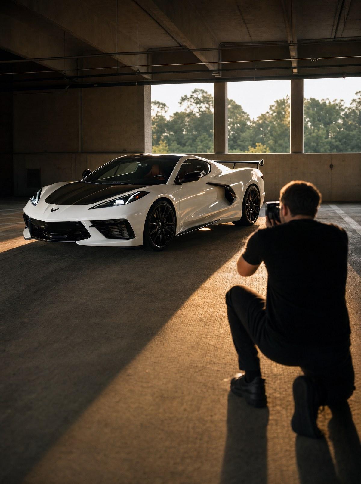 Professional photographer kneeling to shoot a white Chevrolet Corvette C8 with a carbon hood in an Atlanta parking deck at golden hour